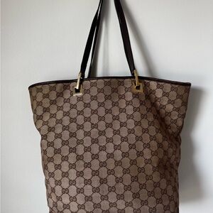 Vintage Gucci Beige & Brown GG Canvas Tote with Gold Accents